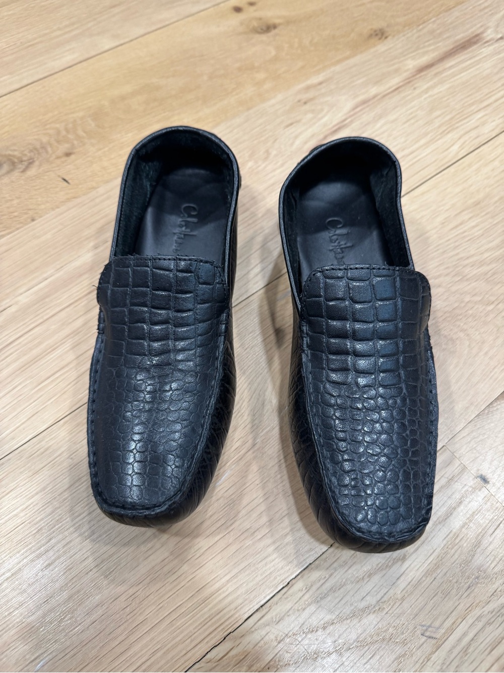 Black Croc-Embossed Leather Slip-On Loafers